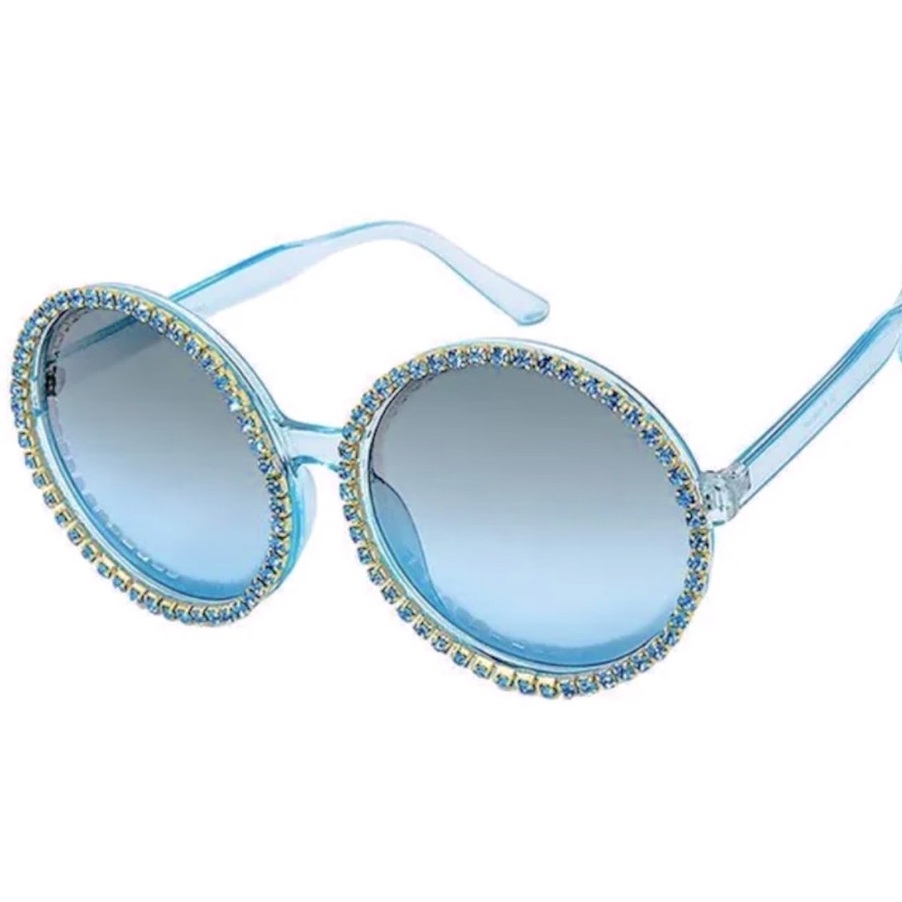 🔥BLING🆕BLUE ROUND RHINESTONE SUNGLASSES